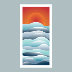 blue ocean sea waves with red sun vector illustration for social media