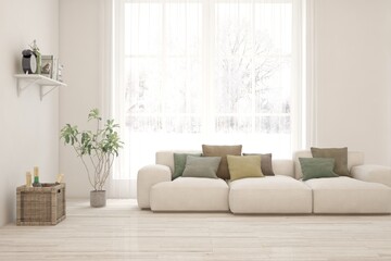 White living room with sofa and winter landscape in window. Scandinavian interior design. 3D illustration