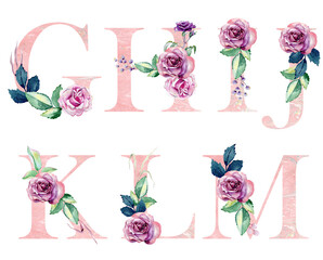 Watercolor floral alphabet for wedding invitations, greeting card, birthday, logo, poster and other.