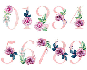 Watercolor floral numbers for wedding invitations, greeting card, birthday, logo, poster and other.