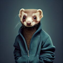 Portrait of a hipster ferret dressed in a tracksuit, gradient background