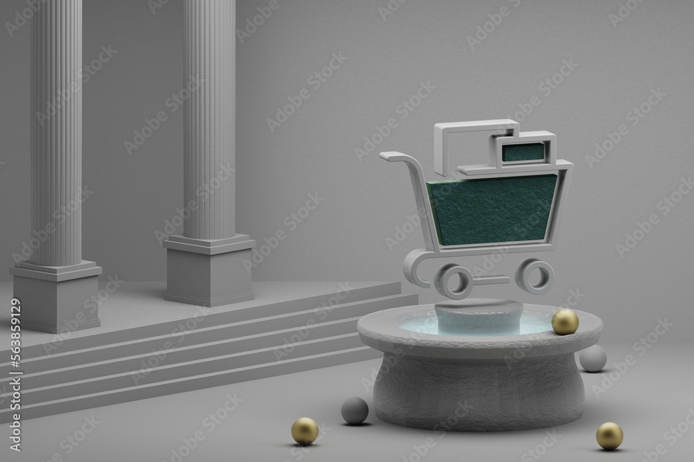 Poster beautiful abstract illustrations shopping cart symbol icon on a fountain and column background. 3d r