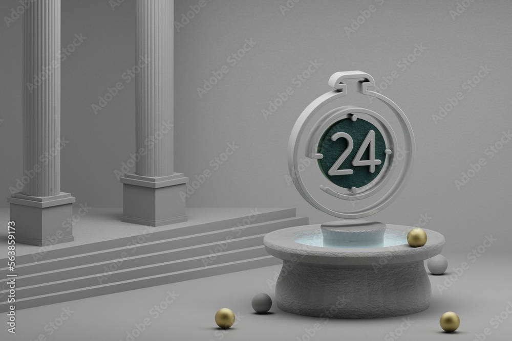 Leinwandbilder beautiful abstract illustrations 24 hours timer symbol icon on a fountain and column background. 3d 