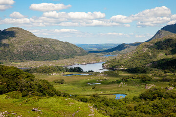 Fototapeta na wymiar Landscape of Lady's view, Killarney National Park in Ireland. The famous Ladies View, Ring of Kerry, one of the best panoramas in Ireland.