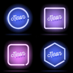 Collection of geometric shapes. Neon line. The shape is square, round and hexagonal. Neon light bulb lamp.