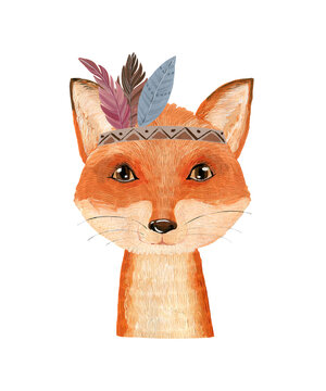 Hand drawn watercolor boho fox portrait.