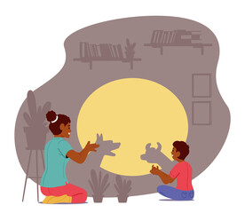 Family Characters Mom and Little Son Having Fun with Home Shadow Theater. Parent and Child Showing Fairy Tale on Screen
