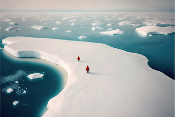 Generative AI photography of the north pole melting ice and sea, tiny human figures with red jackets