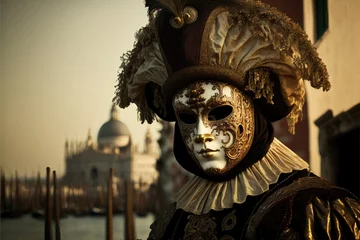 Foto op Aluminium Generative AI photography portrait of person with mask and typical costume of carnival venice, background of the city of venice © AdriFerrer
