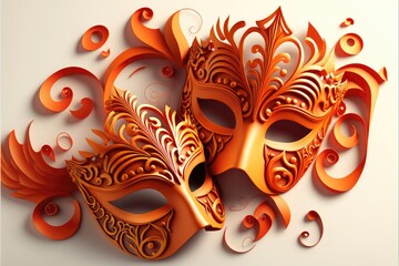 Generative AI illustration of orange carnival masks, white studio background