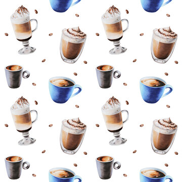 Watercolor seamless pattern with coffee cups and coffee beens. Latte, espresso, americano, mocha. Hand painting on isolated background. For designers, menu, shop, bar, bistro, restaurant, for