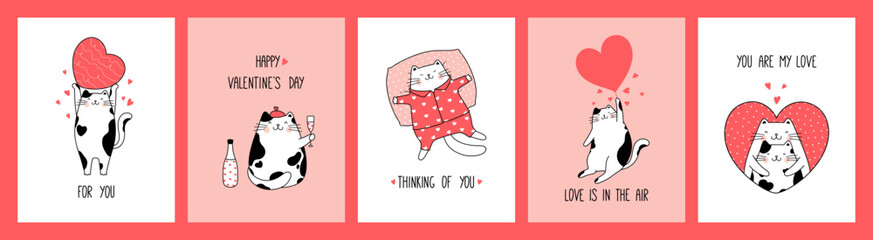 Hand drawn collection romantic greeting cards and posters with cute funny cats for Valentine's Day and Love.