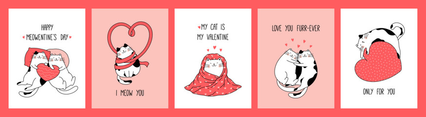 Hand drawn collection romantic greeting cards and posters with cute cats for Valentine's Day and Love.