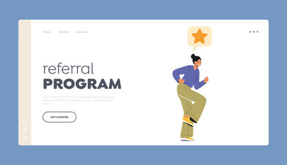 Obraz na płótnie Canvas Referral Program Landing Page Template. Young Woman Run with Yellow Star above Head. Customer Review and User Service