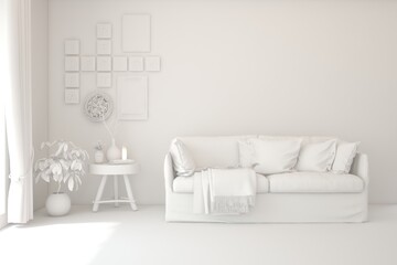 White minimalist living room with sofa. Scandinavian interior design. 3D illustration