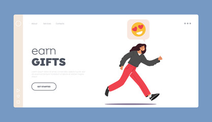Fototapeta na wymiar Earn Gifts Landing Page Template. Young Woman Girl Run with Yellow Heart Eyed Smile above Head Vector Illustration