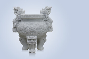 Obraz premium front view antique white marble three pin incense burner on blue background, object, religion, ancient, banner, template, copy space