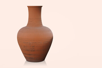 front view old large brown clay pitcher on pink background, object, decor, modern, gift, flower, nature, copy space