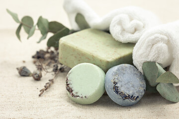 Close-up, multicolored handmade soap on a blurred background.