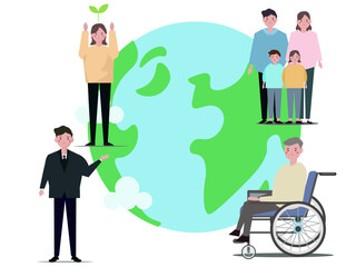 地球儀と笑顔の人々。ベクターイラスト