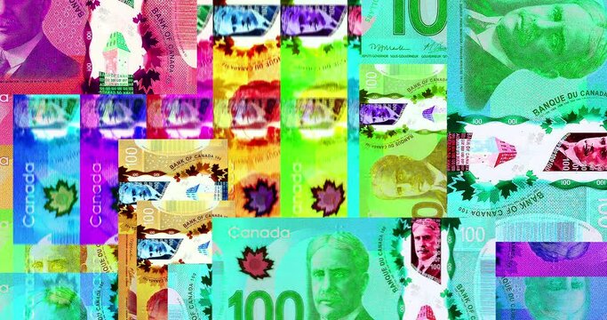 Canada Dollar 100 CAD Banknotes Abstract Color Loop Pattern. Canadian Bank Note Concept Of Currency, Finance And Economy. Looped And Seamless Design Background. 