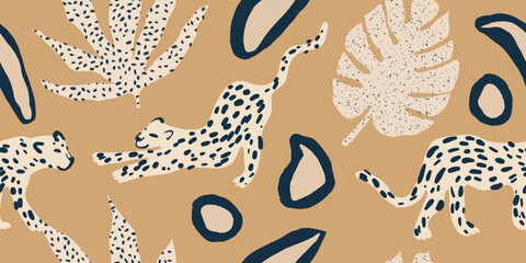 Hand drawn minimal abstract pattern with leopards. Bohemian style collage contemporary seamless pattern. Fashionable template for design.