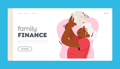 Family Finance Landing Page Template. Old Female Character Shaking Piggy Bank Searching for Money Inside