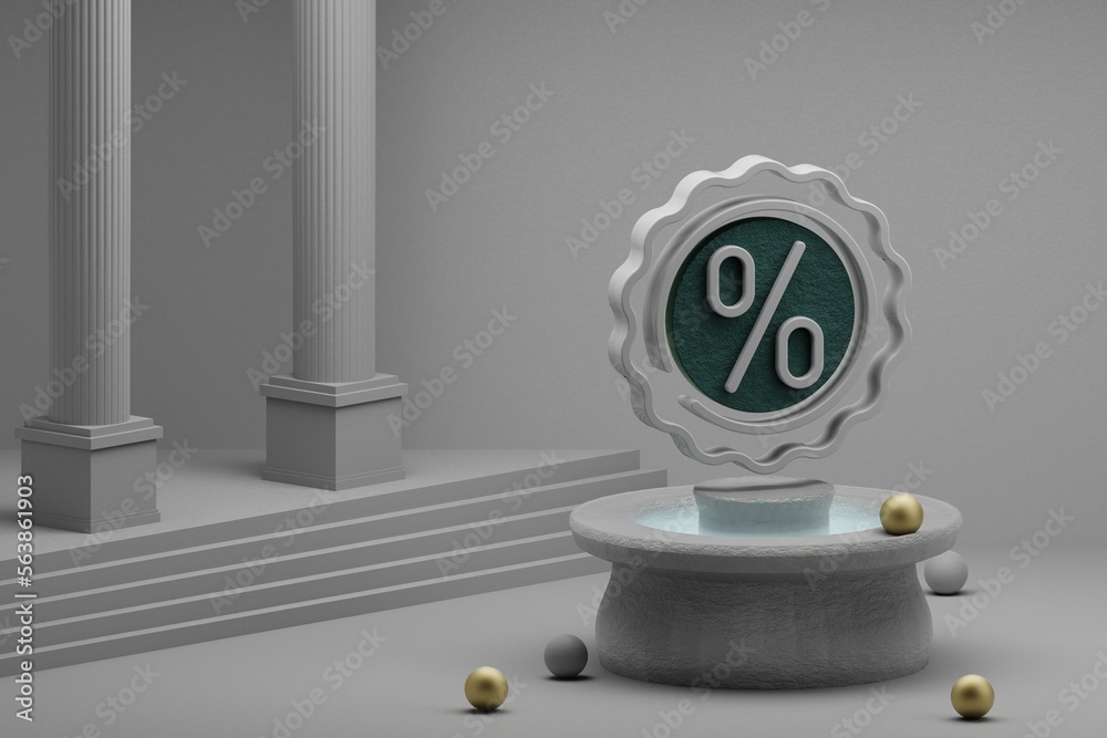 Poster beautiful abstract illustrations percent badge symbol icon on a fountain and column background. 3d r