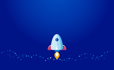 Abstract background with rocket launch. Simple presentation cover template with place for text, stars, blue space. Success startup concept. Futurism, science fiction illustration in flat cartoon style