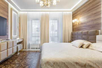 Luxury bedroom interior with parquet and wood marble walls