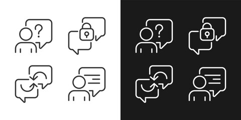 Speech bubbles for communication pixel perfect linear icons set for dark, light mode. Speaking symbols. Confidence. Thin line symbols for night, day theme. Isolated illustrations. Editable stroke