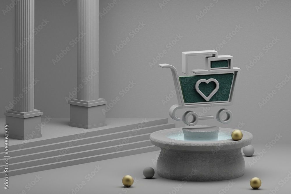 Poster beautiful abstract illustrations shopping cart and heart symbol icon on a fountain and column backgr