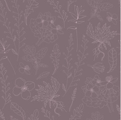 Design for fabric. Botanical pattern.Vector seamless pattern with plants on a gray background