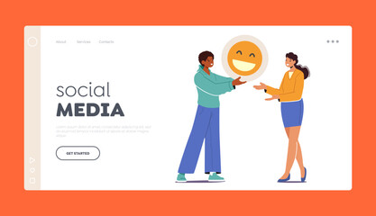 Social Media Communication Landing Page Template. Male Character Giving Smile to Woman in Internet
