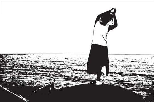 Vettoriale, di una donna in posizione yoga in bilico sulla scogliera