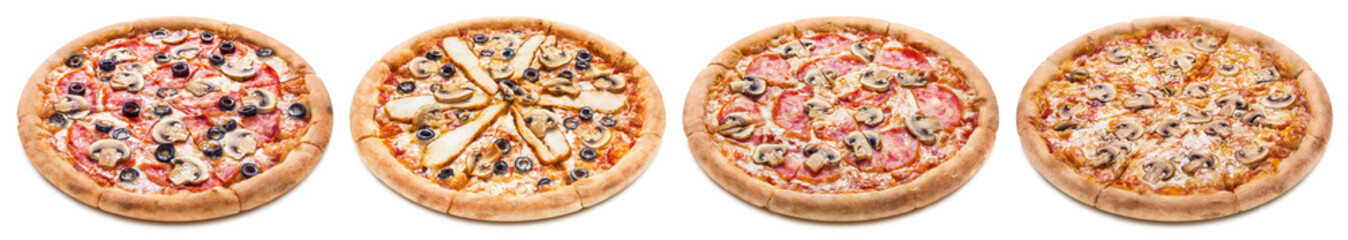 Collection of pizzas with mushrooms, isolated on white background