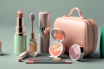 Beauty background with facial cosmetic products. Makeup, Fashion and skin care concept. Pastel colored background
