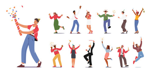 Set of Young People Characters Celebrate Party. Men and Women Holding Wine Glasses and Sparklers Celebrating Holiday