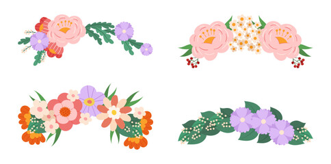 Set Of Floral Wreaths, Colorful Blossom Buds Composition. Arrangements in Cute Boho Style. Flower Design Elements
