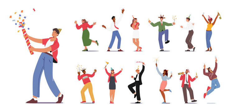 Set of Young People Characters Celebrate Party. Men and Women Holding Wine Glasses and Sparklers Celebrating Holiday
