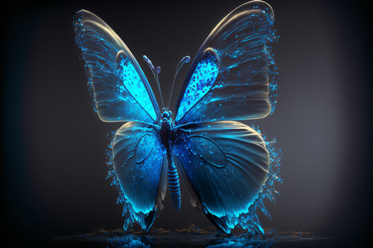 Beautiful blue butterfly on black background, Generative AI