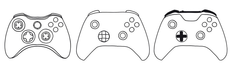 Hand drawn game controllers. Vector illustrations in outline doodle style. Icons on white background.