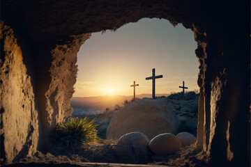 Resurrection Of Jesus Christ Concept - Empty Tomb With Three Crosses  On Hill At Sunrise - obrazy, fototapety, plakaty