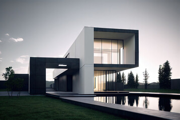 exterior concept sketch of a modern minimalist cozy house in 3d rendering style; Generative AI
