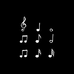 Music notes hand drawn and doodle design set  icon isolated on black background.
