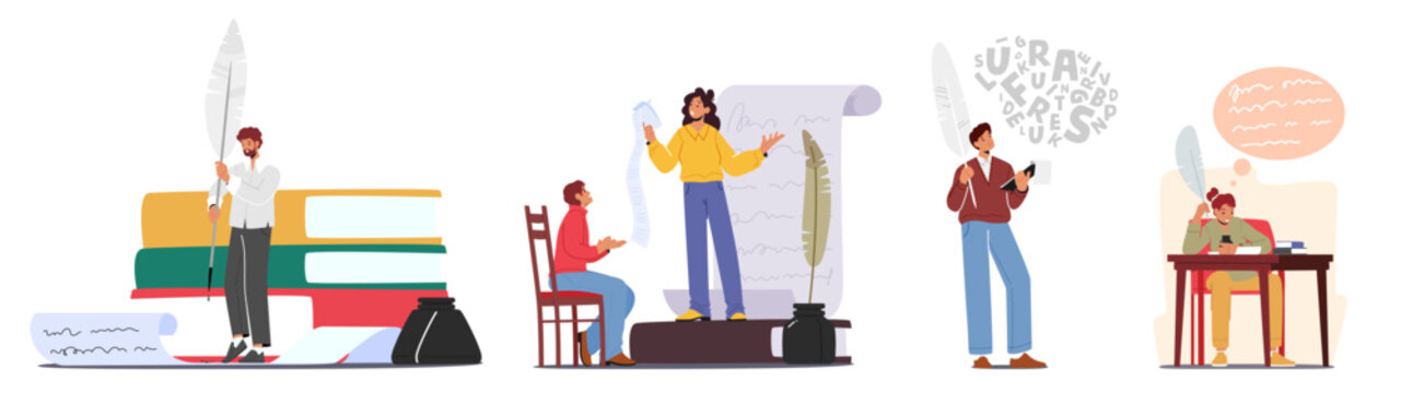Set Writer or Poets Male and Female Characters Reading And Writing Poetries. Creative Person at Workplace Illustration