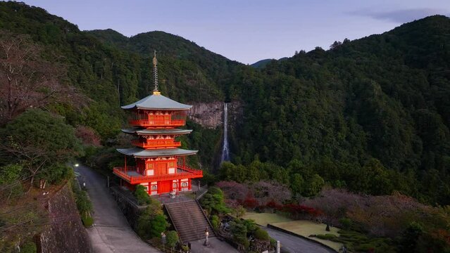 Nachi waterfall with red pagoda, Japanese buddhist or shinto shrine, unesco site, tourism in Nachi, Wakayama, Japan, zen aerial landscape, Asian culture