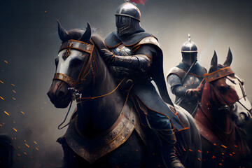 Naklejka premium Fantasy medieval battle, knights crossing the desert, there is ice and fire, there is the holy city of Jerusalem in the distance