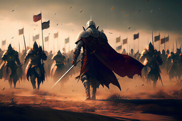 Fantasy medieval battle, knights crossing the desert, there is ice and fire, there is the holy city of Jerusalem in the distance