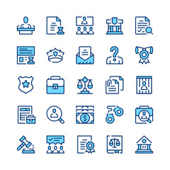 Legal system line icons. Blue color. Vector line icons set